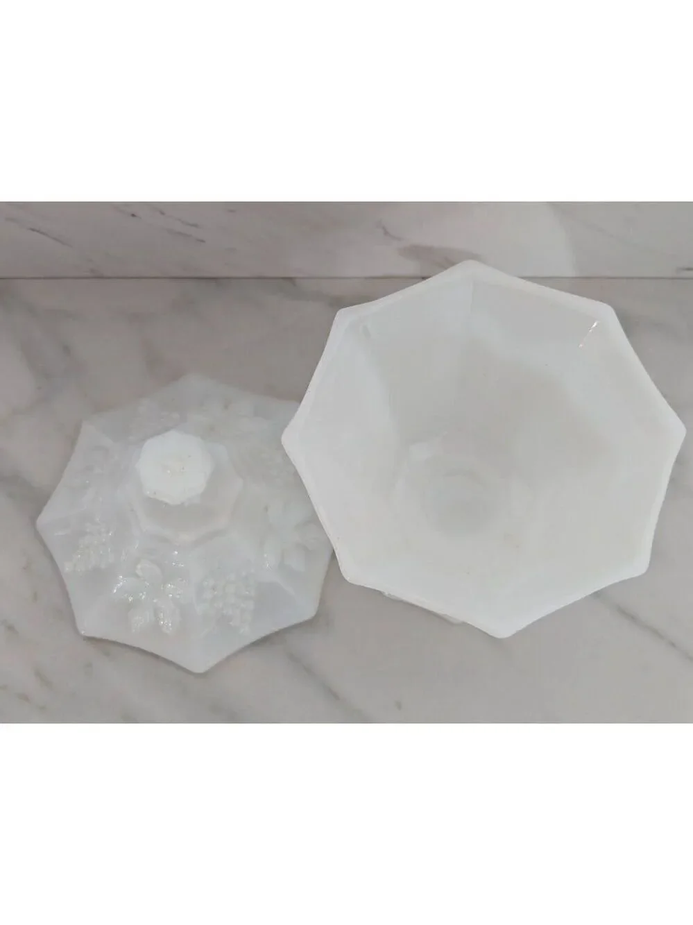 Anchor Hocking Milk Glass Lidded Pedestal Octagon Candy Dish Vase Grape Design
